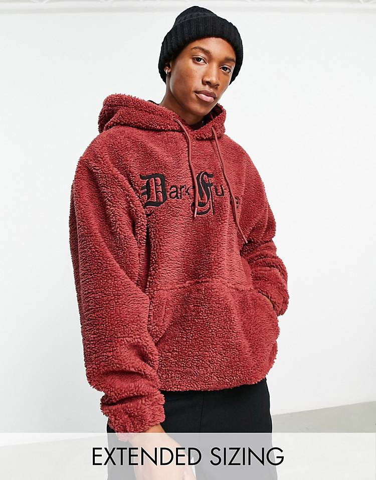 ASOS Dark Future oversized hoodie in teddy borg with gothic logo spine in embroidery in dark red